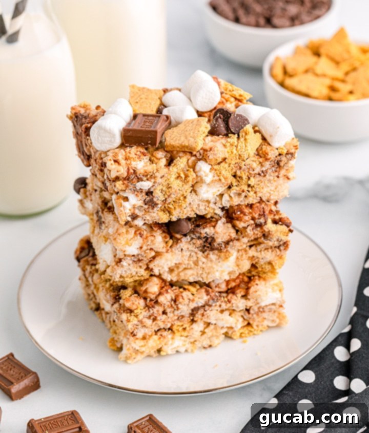 a stack of smores rice krispie treats 