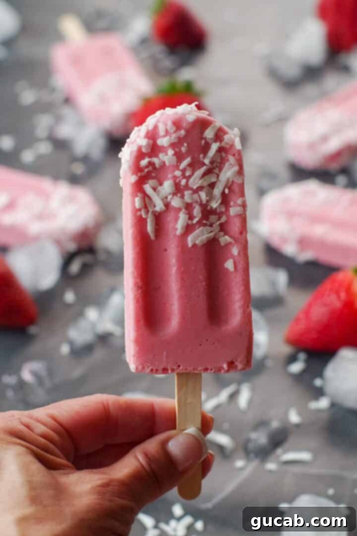 23 Irresistible Frozen Strawberry Delights 12 hand holding a strawberry popsicle