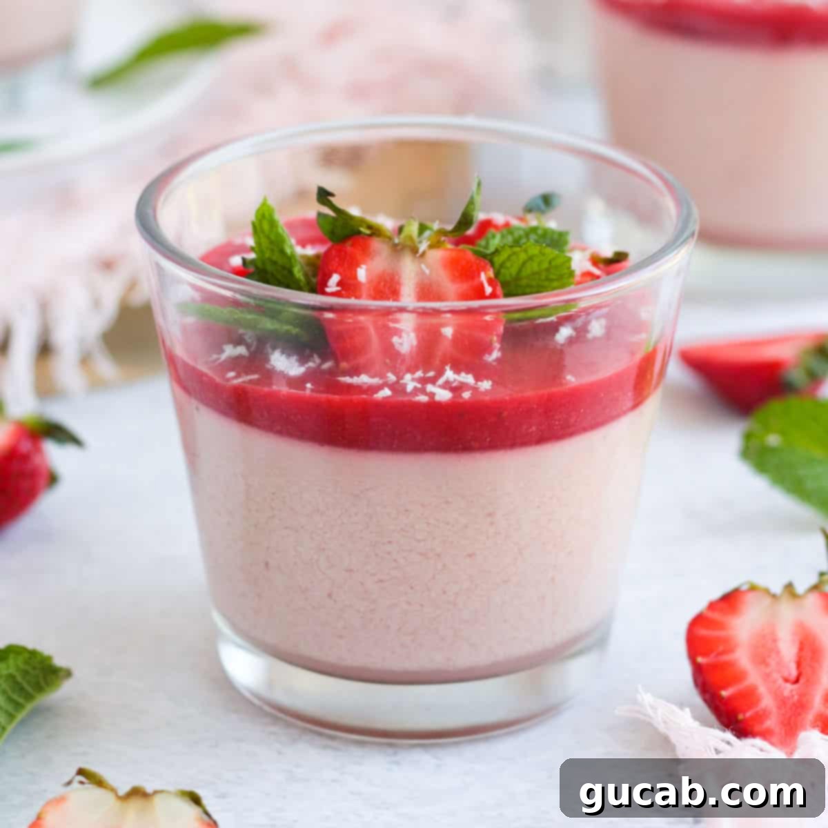 strawberry panna cotta with strawberry sauce.