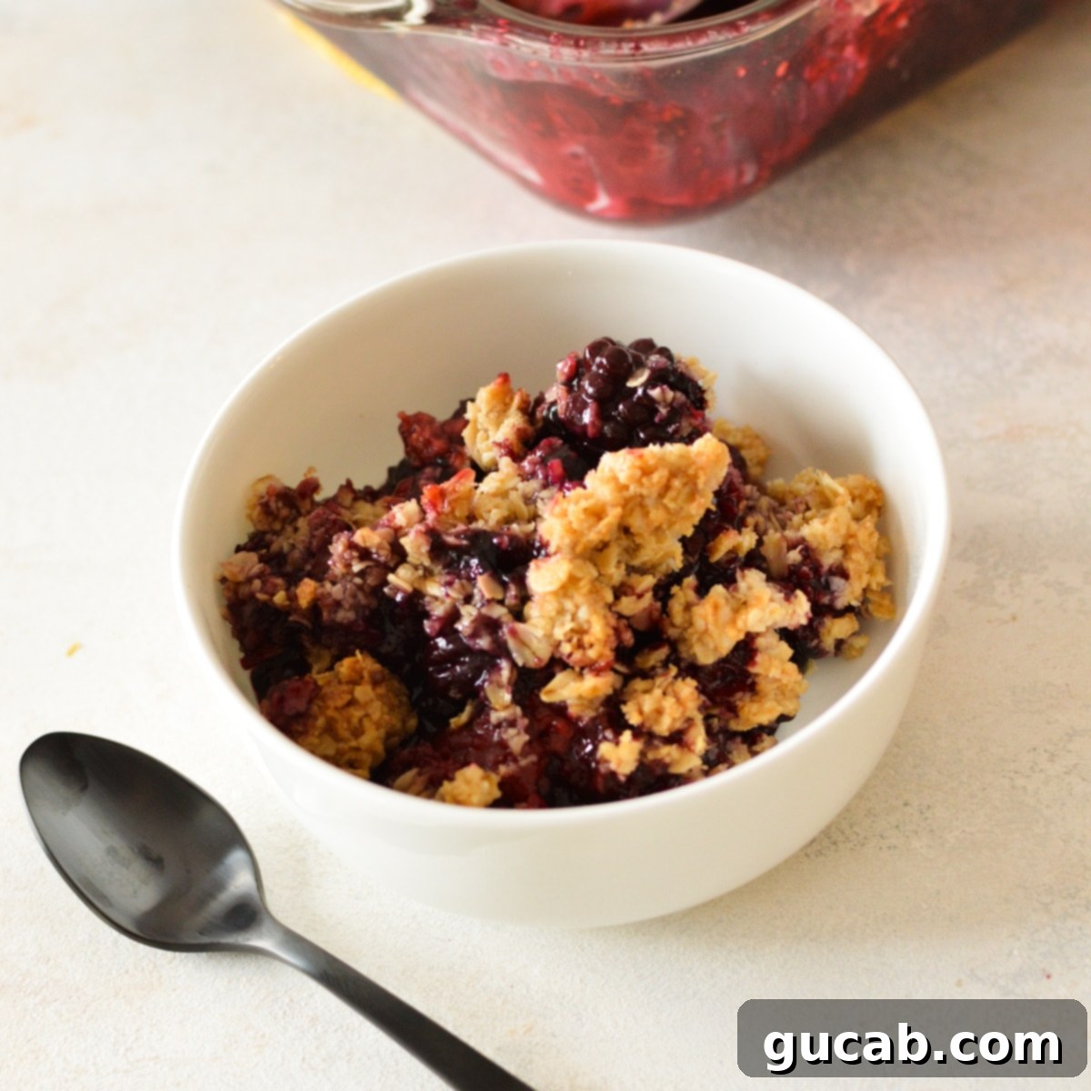 A close-up of a portion of berry crisp with its golden, crunchy oat topping, served in a small white bowl.