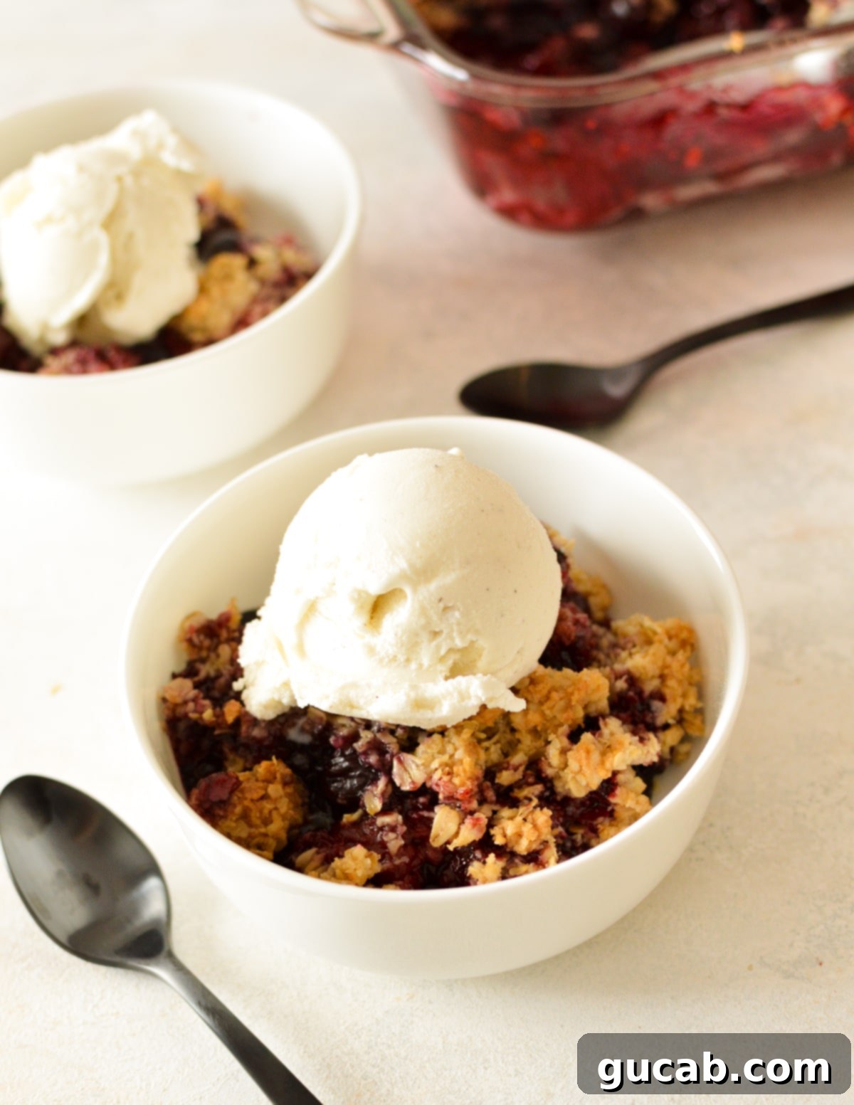 A warm, freshly baked berry crisp, still in its baking dish, served with a generous scoop of melting vanilla ice cream on top.