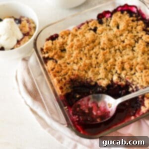 A stunning triple berry crisp, still warm from the oven, with a spoon digging into the bubbling fruit and crispy oat topping.