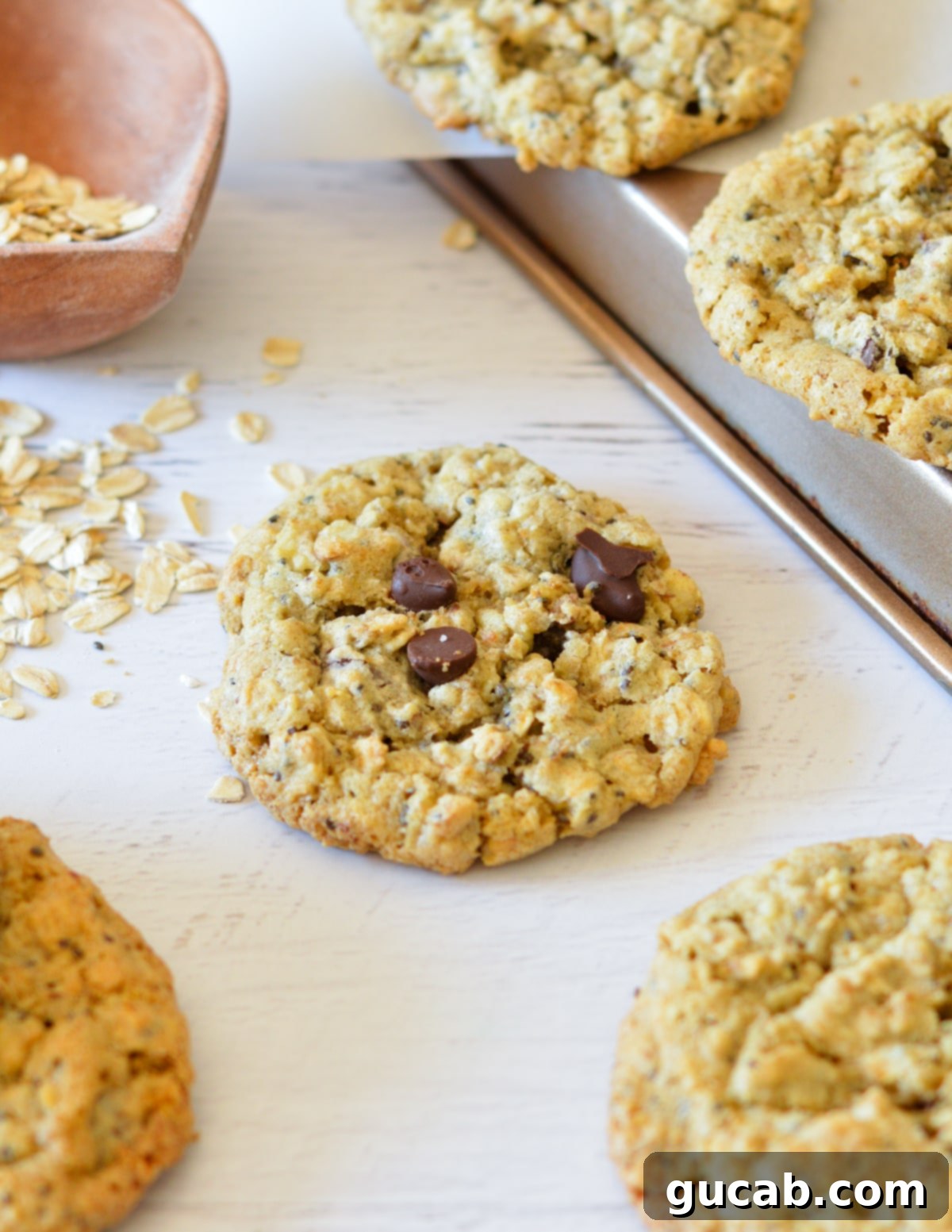 Wholesome Fiber Cookies 14 A close-up of an oatmeal chocolate chip cookie placed on a rustic counter, highlighting its texture and deliciousness.
