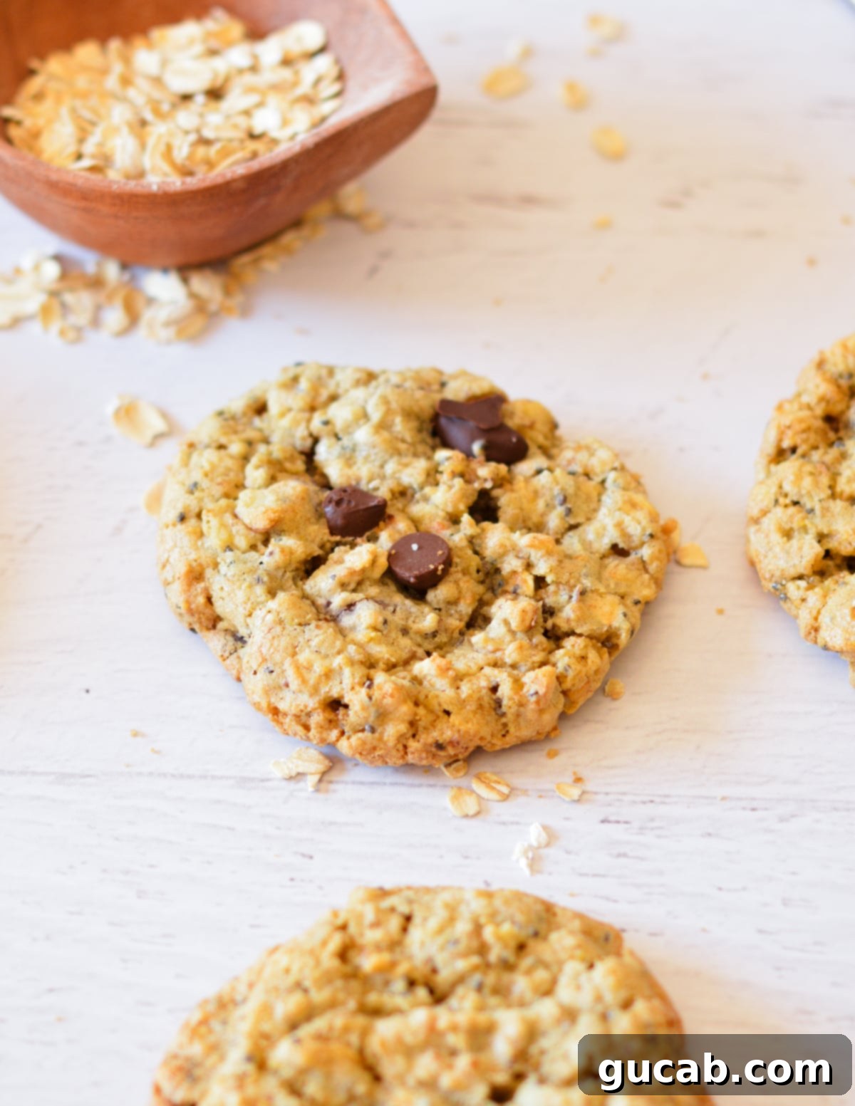 Wholesome Fiber Cookies 15 A freshly baked oatmeal cookie resting beside a bowl of rolled oats, emphasizing the main ingredient.