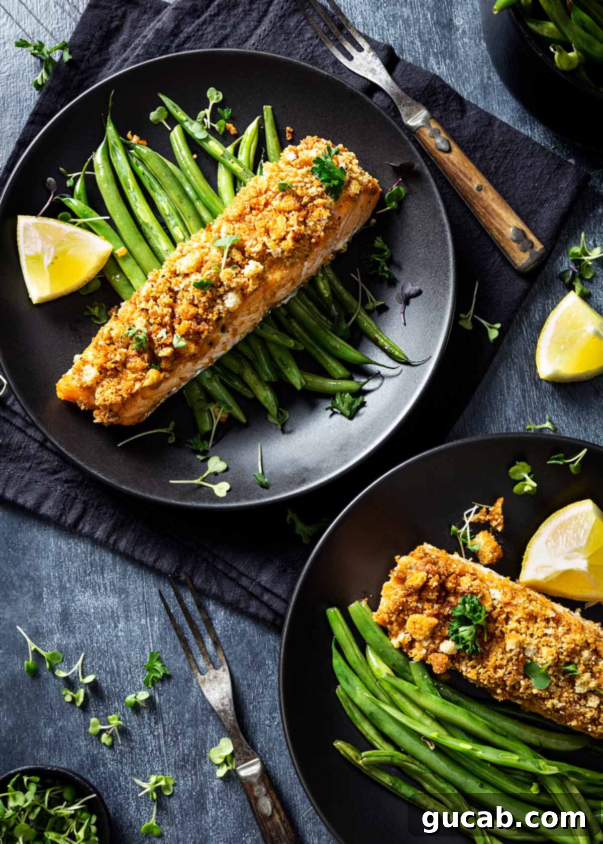 parmesan crusted salmon on green beans. 