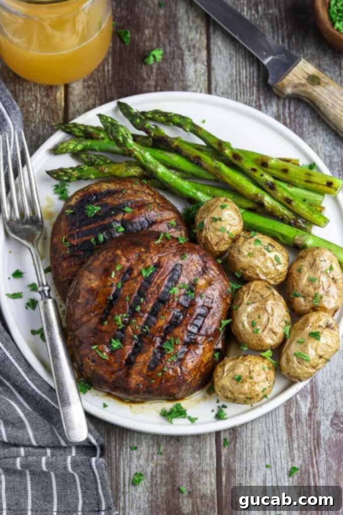 mushroom steaks with green beans and potatoes. 