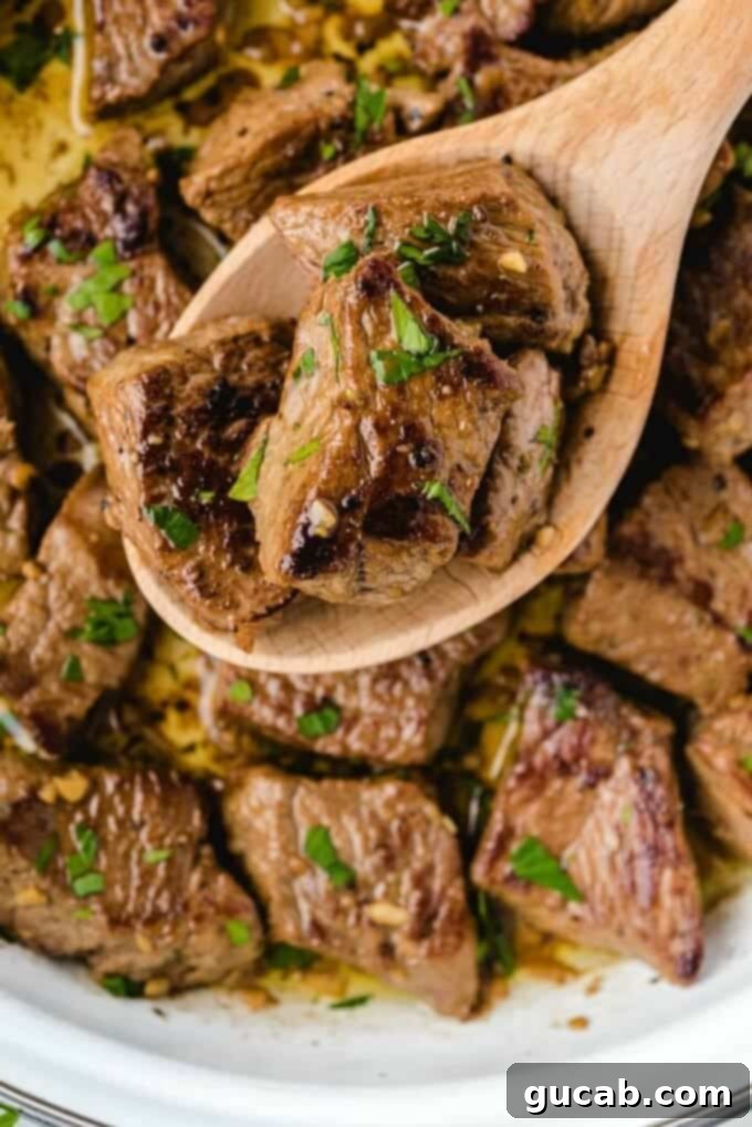 a spoonful of steak bites. 