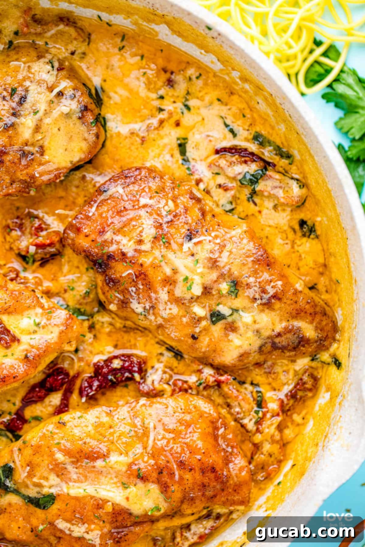 chicken in a cream sauce with sundried tomatoes. 