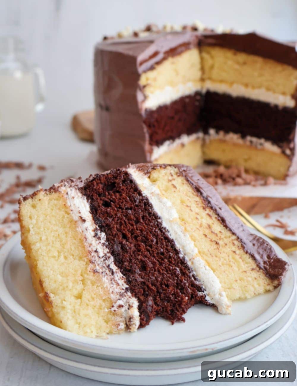 A beautiful slice of gluten-free and dairy-free chocolate and vanilla layer cake with soft frosting.
