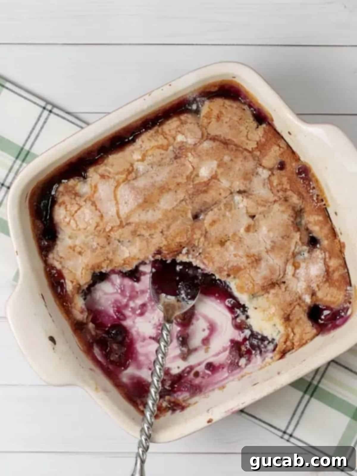 Warm gluten-free blueberry cobbler with a spoon, showing the juicy fruit and golden topping.