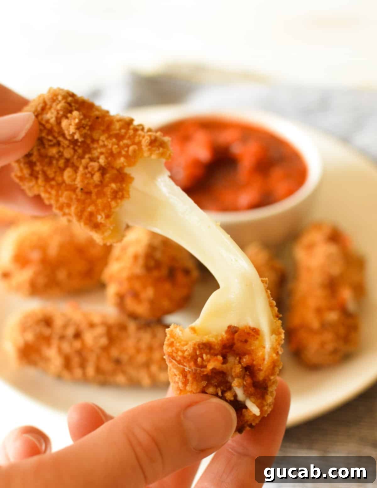 Irresistible Gluten-Free Mozzarella Sticks 2 hand holding gluten free mozzarella stick
