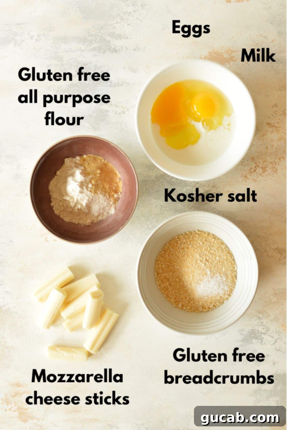 Irresistible Gluten-Free Mozzarella Sticks 3 eggs, milk, gluten free breadcrumbs, gluten free flour, mozzarella sticks