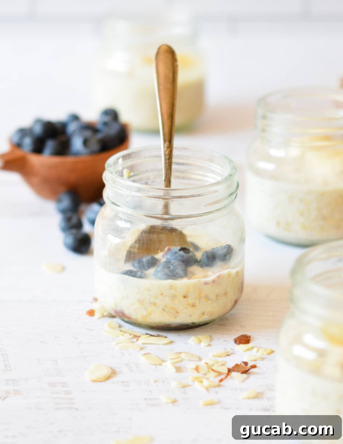 A beautifully arranged jar of overnight oats, topped with fresh blueberries and a spoon, ready to be enjoyed.