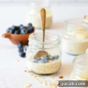 a jar of overnight oats with blueberries.