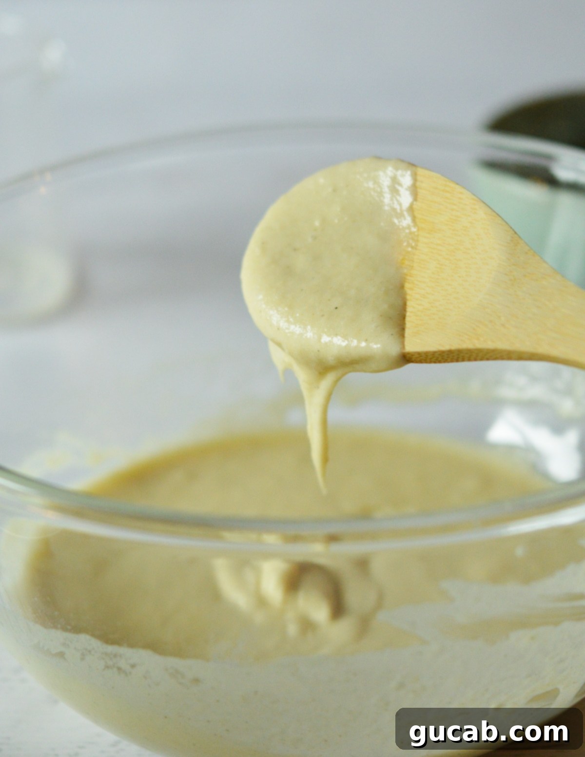 A spoonful of thin pancake batter demonstrating the ideal pouring consistency, indicating it's ready for the skillet.