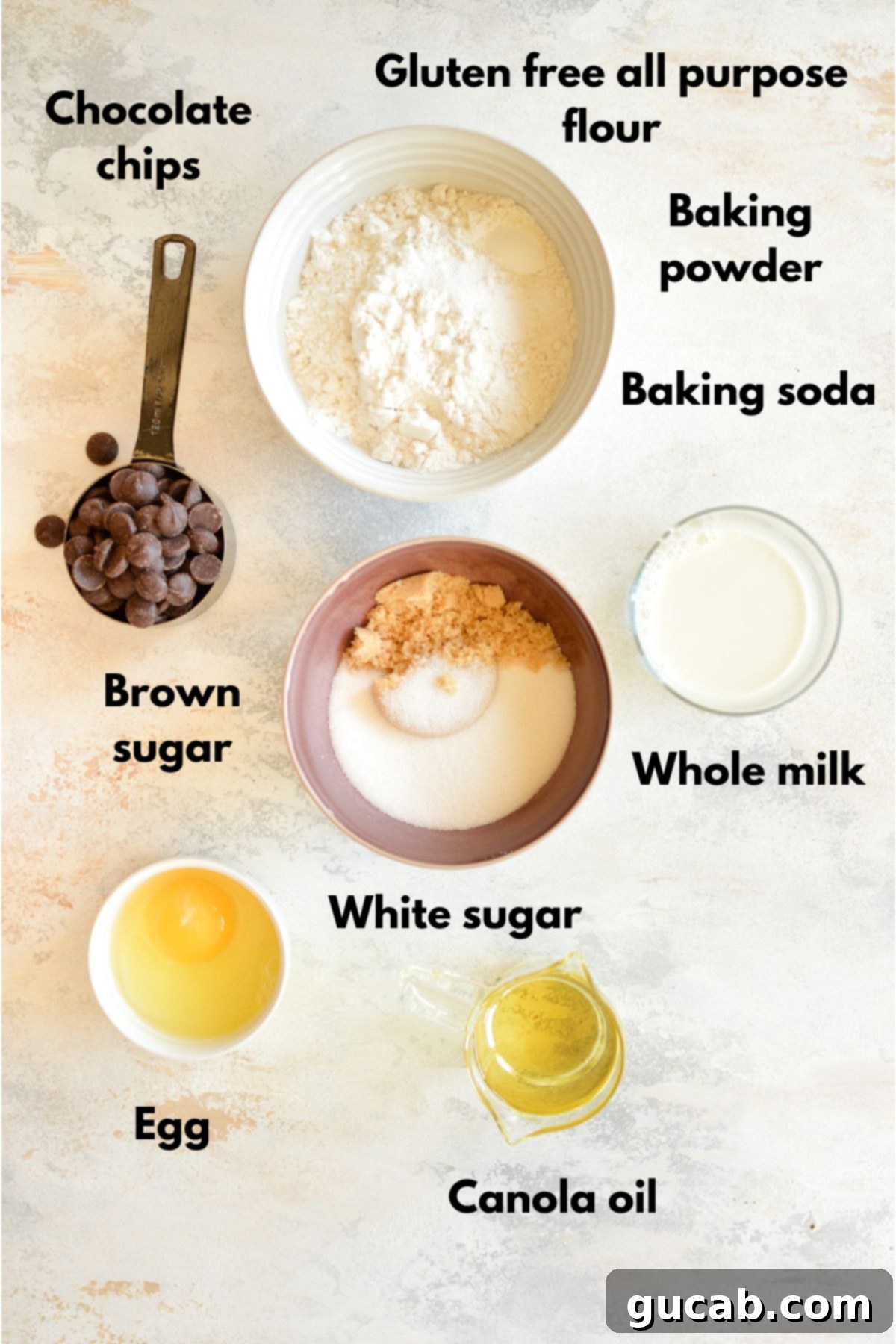 gluten-free flour, chocolate chips, baking powder, baking soda, sugar, milk, and eggs