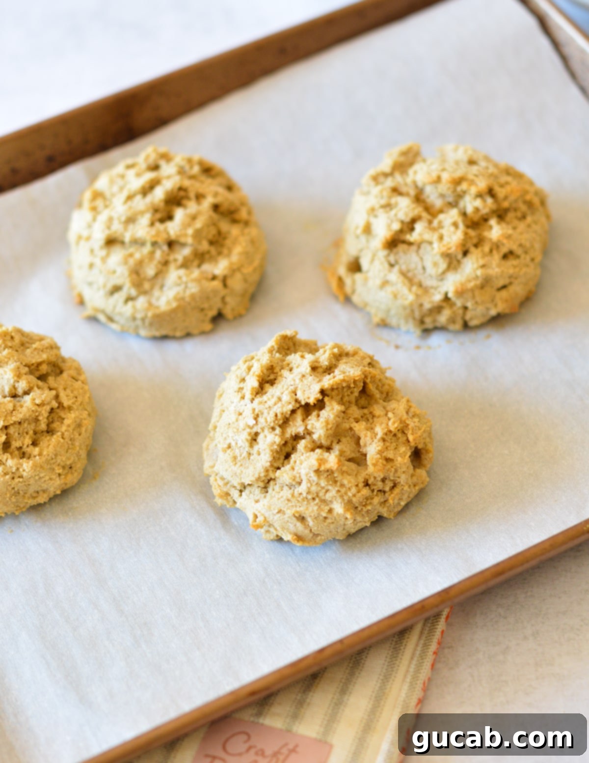 Freshly baked oat flour biscuits on a sheet pan, golden brown and perfectly risen, cooling slightly after removal from the oven.