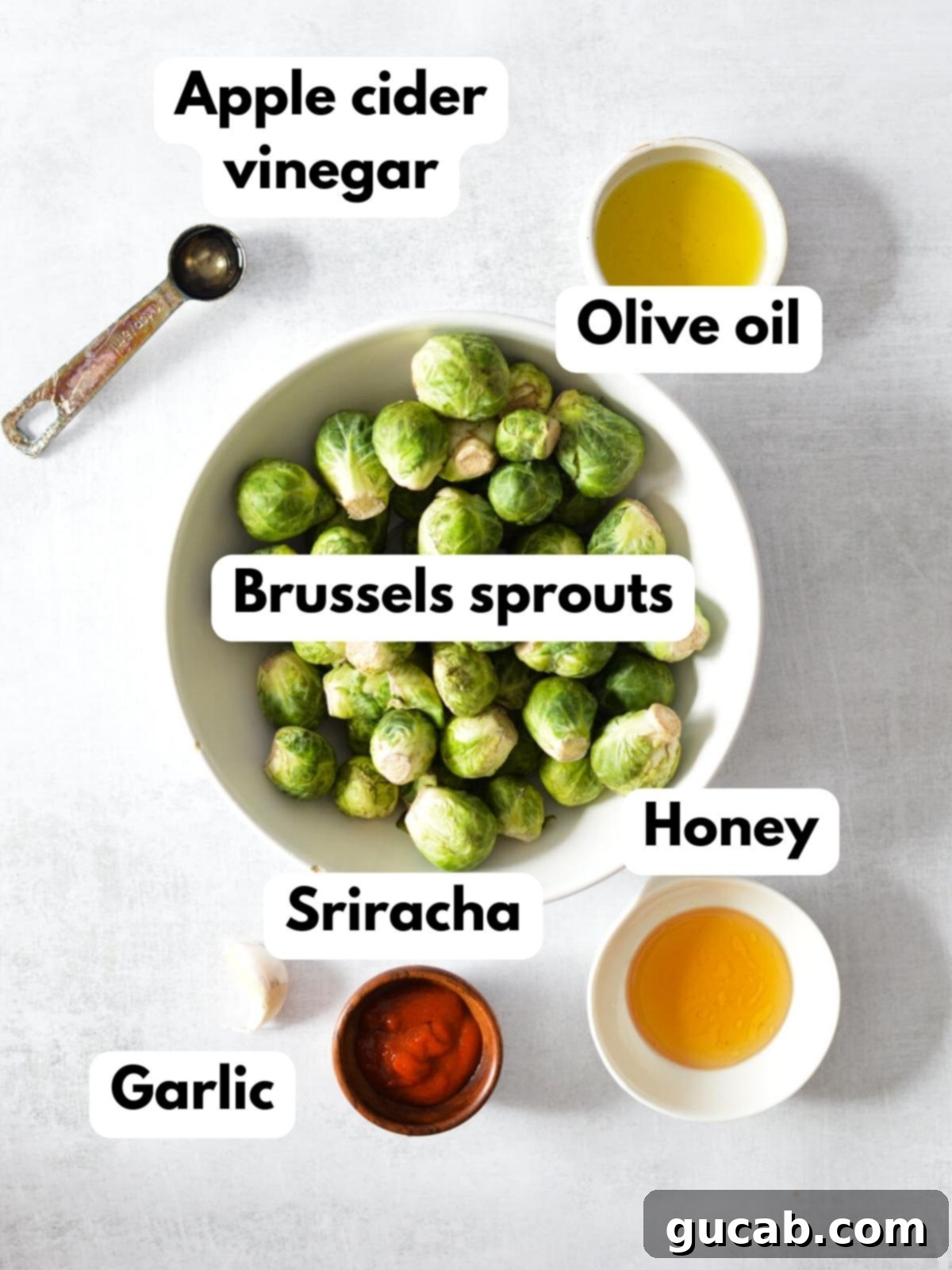 A flat lay photograph showcasing the six essential ingredients: olive oil, honey, fresh brussels sprouts, apple cider vinegar, sriracha sauce, and minced garlic.