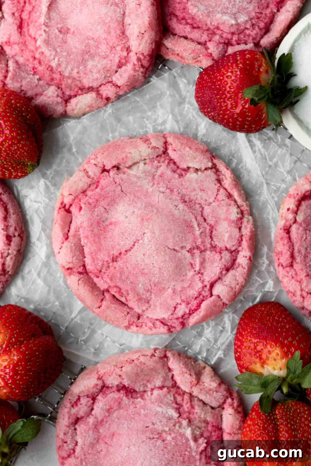 21 Heavenly Gluten-Free Cookies 20 gluten free strawberry cookies on parchment paper next to strawberries.