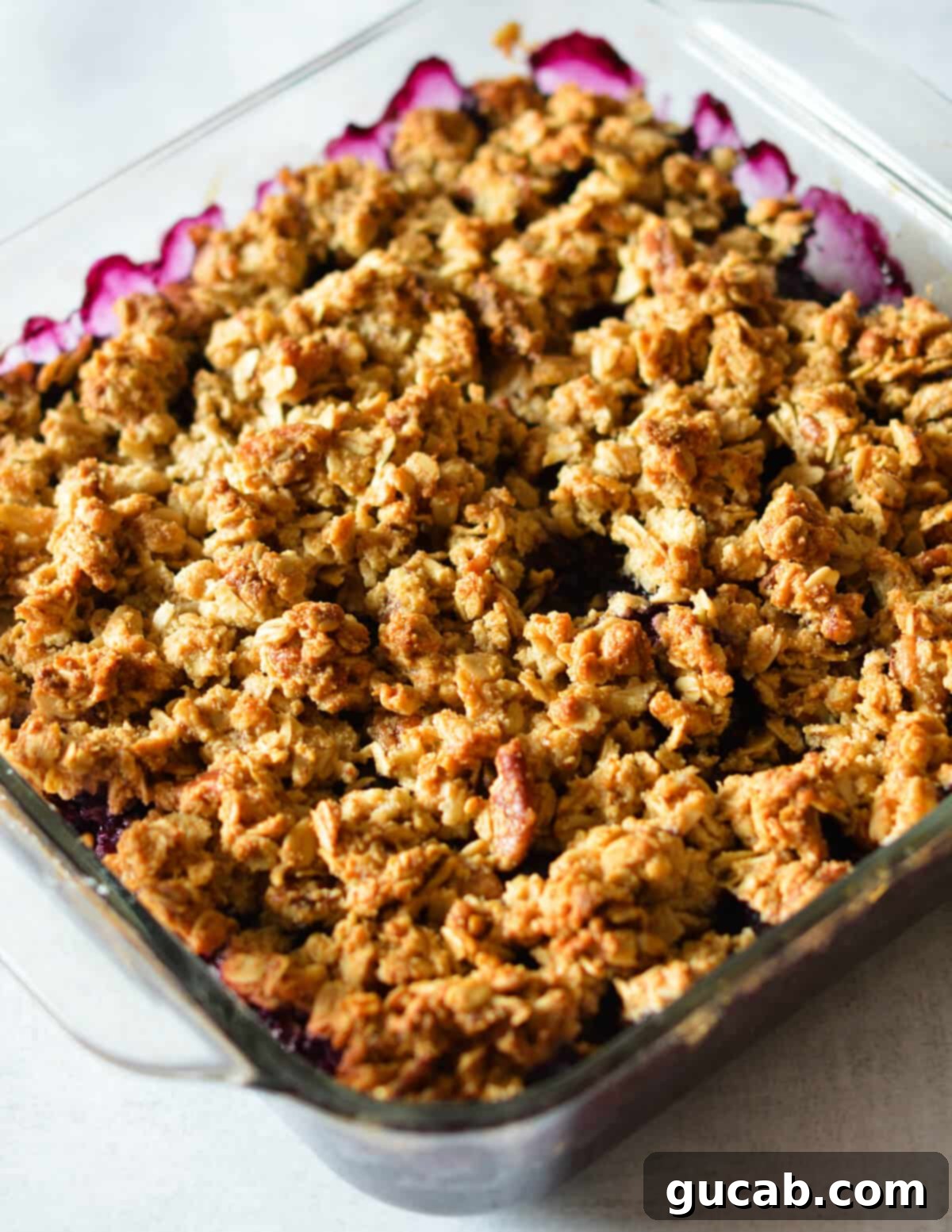 A baked healthy blueberry crisp, golden and bubbly, fresh out of the oven, steam gently rising.