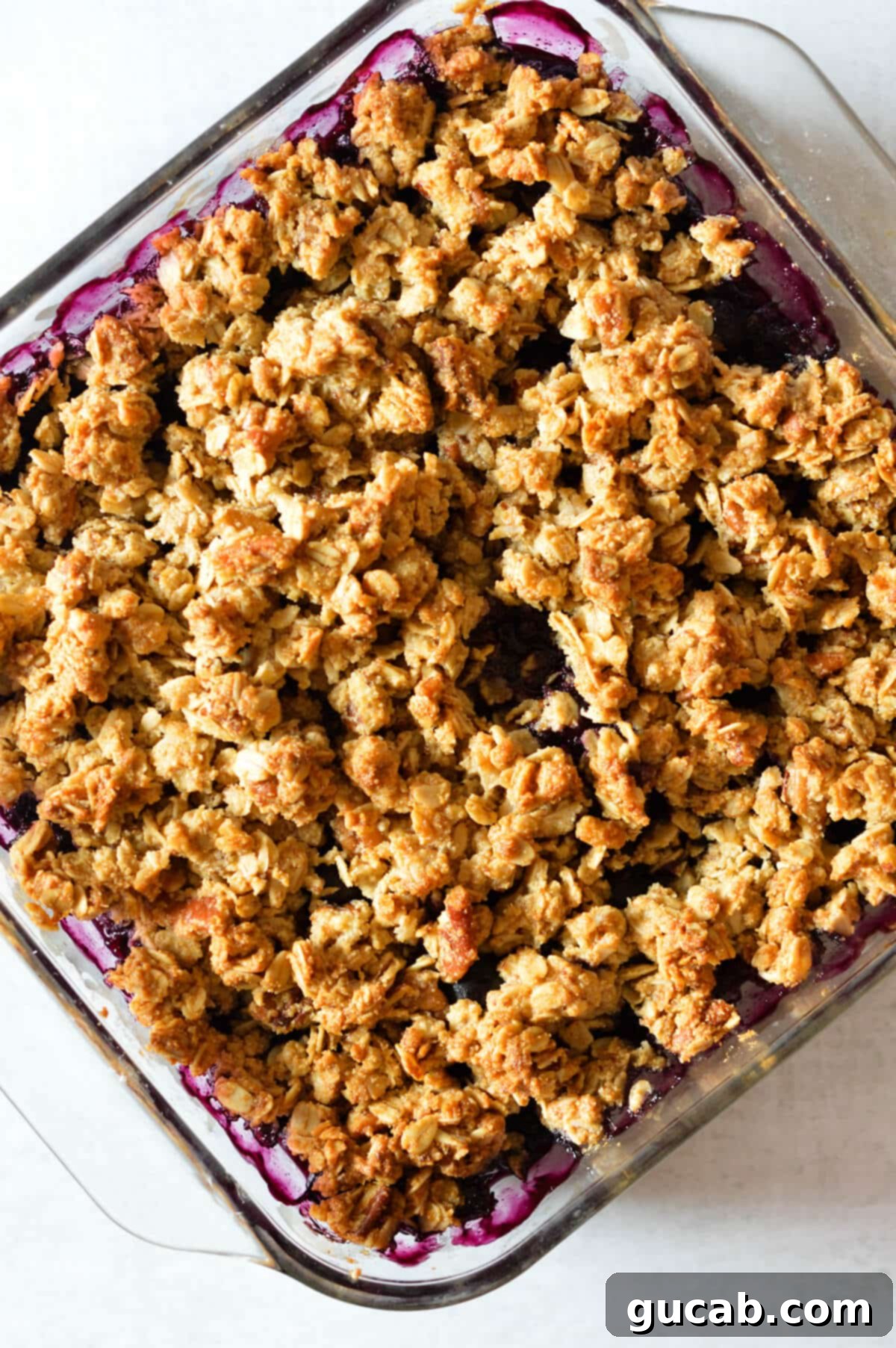 A close-up of a golden-brown, perfectly baked healthy blueberry crisp, showing the crunchy oat and almond flour topping with visible pecan pieces.