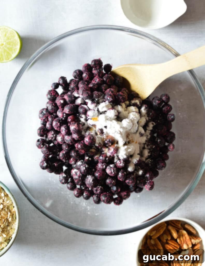A bowl of frozen blueberries lightly dusted with tapioca flour, ready to be mixed for the crisp filling.