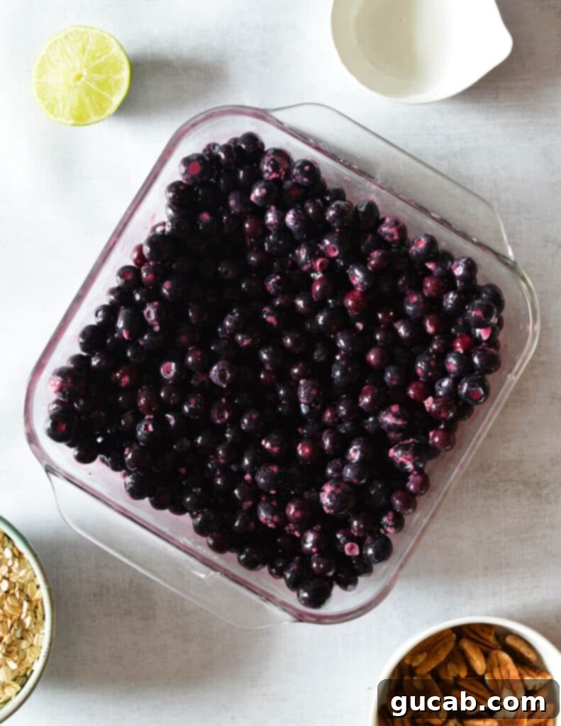The prepared blueberry filling poured evenly into a square baking dish, ready for the topping.