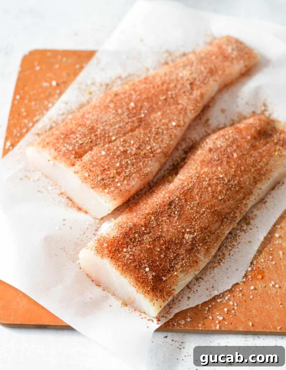 Two mahi mahi fillets perfectly coated with blackening spices, ready for cooking.