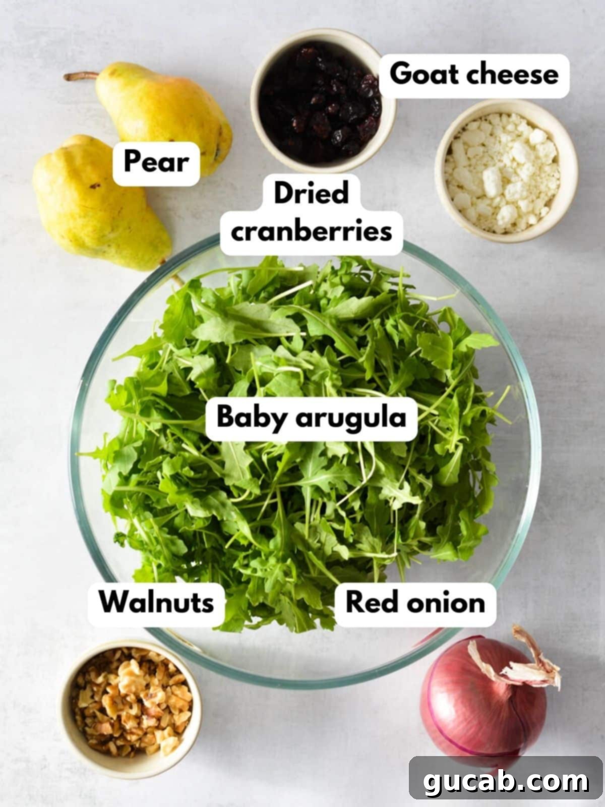 arugula, pear, goat cheese, dried cranberries, walnuts, red onion.