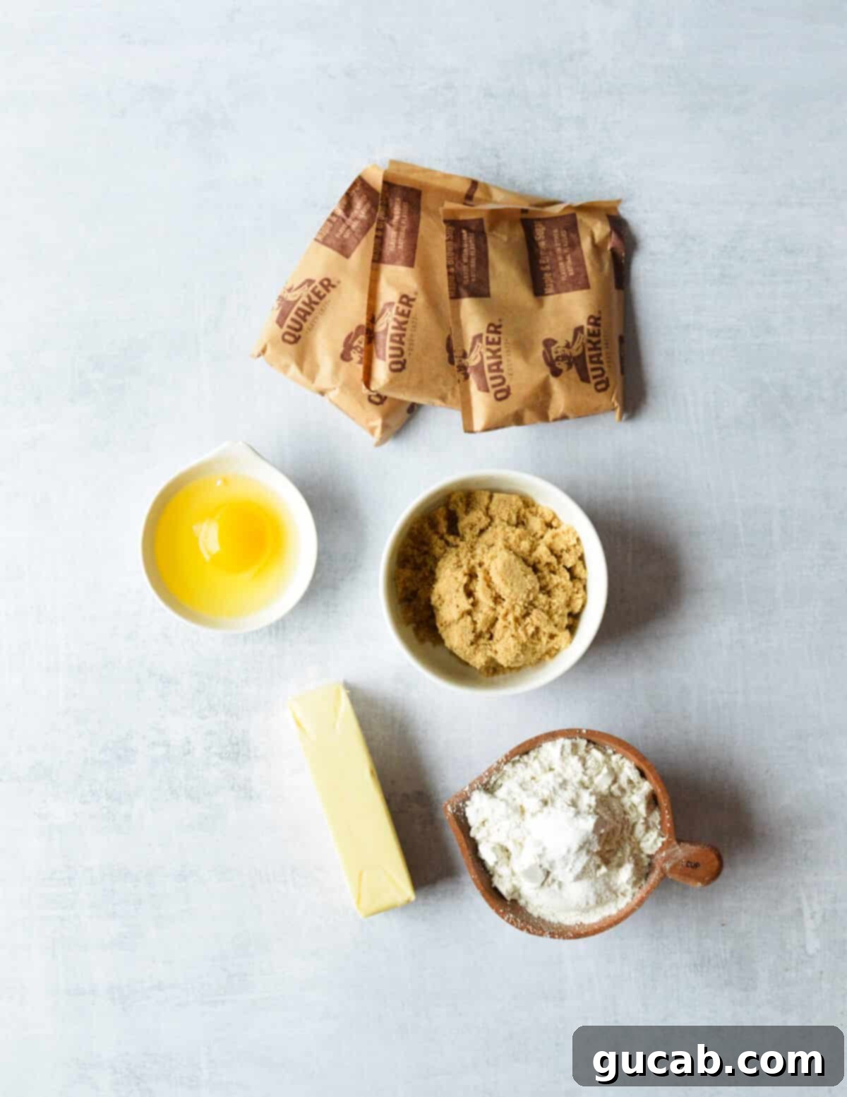 Speedy Oatmeal Delights 3 instant oatmeal packets, egg, brown sugar, flour, and butter.