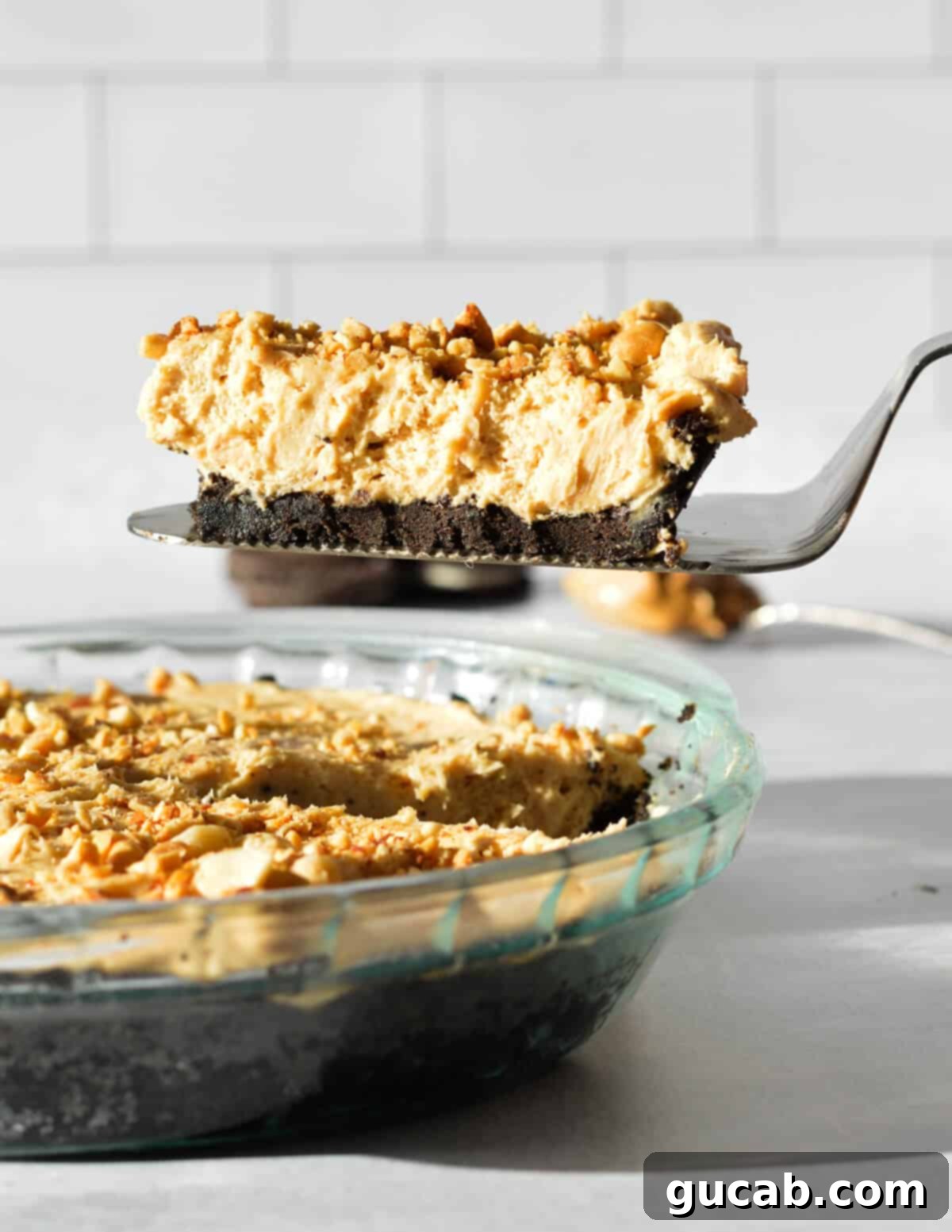 The Ultimate Gluten-Free Oreo Pie Crust 2 a slice of peanut butter pie with a gluten free oreo crust.