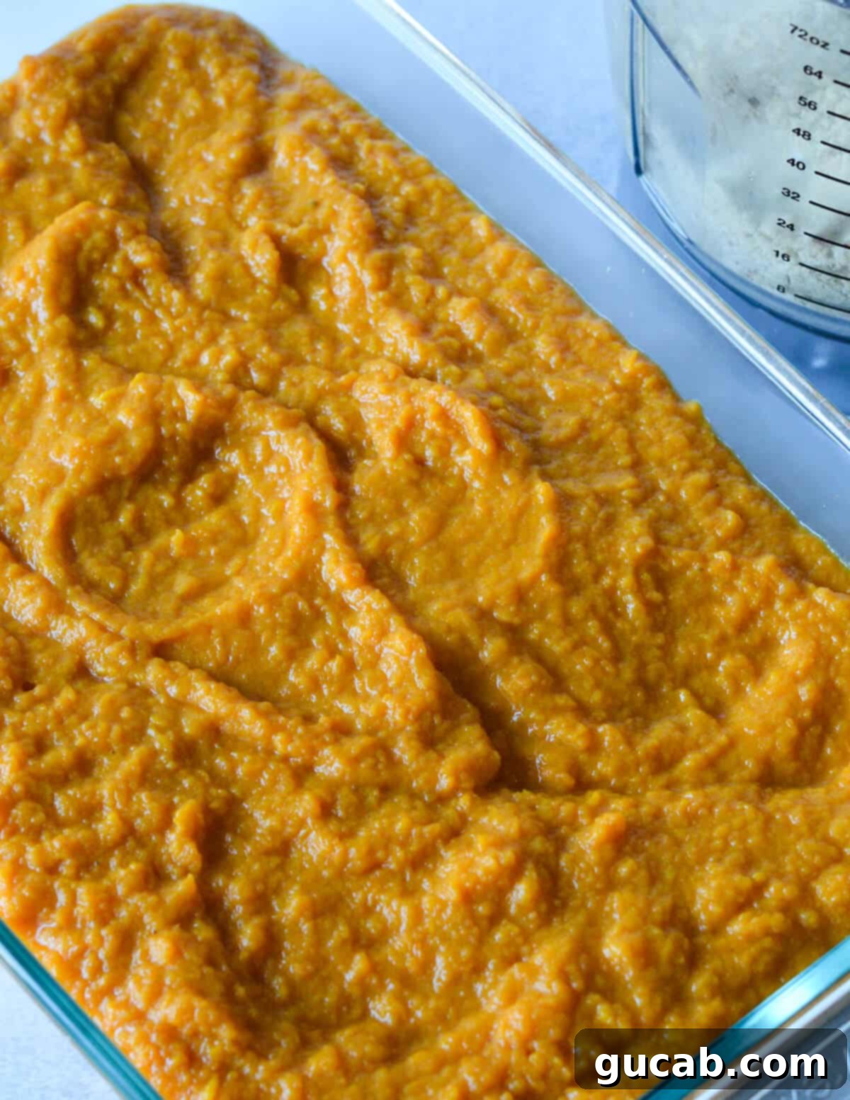 Heavenly Sweet Potato Casserole 12 A glass casserole dish with smooth sweet potato filling, ready for the topping.