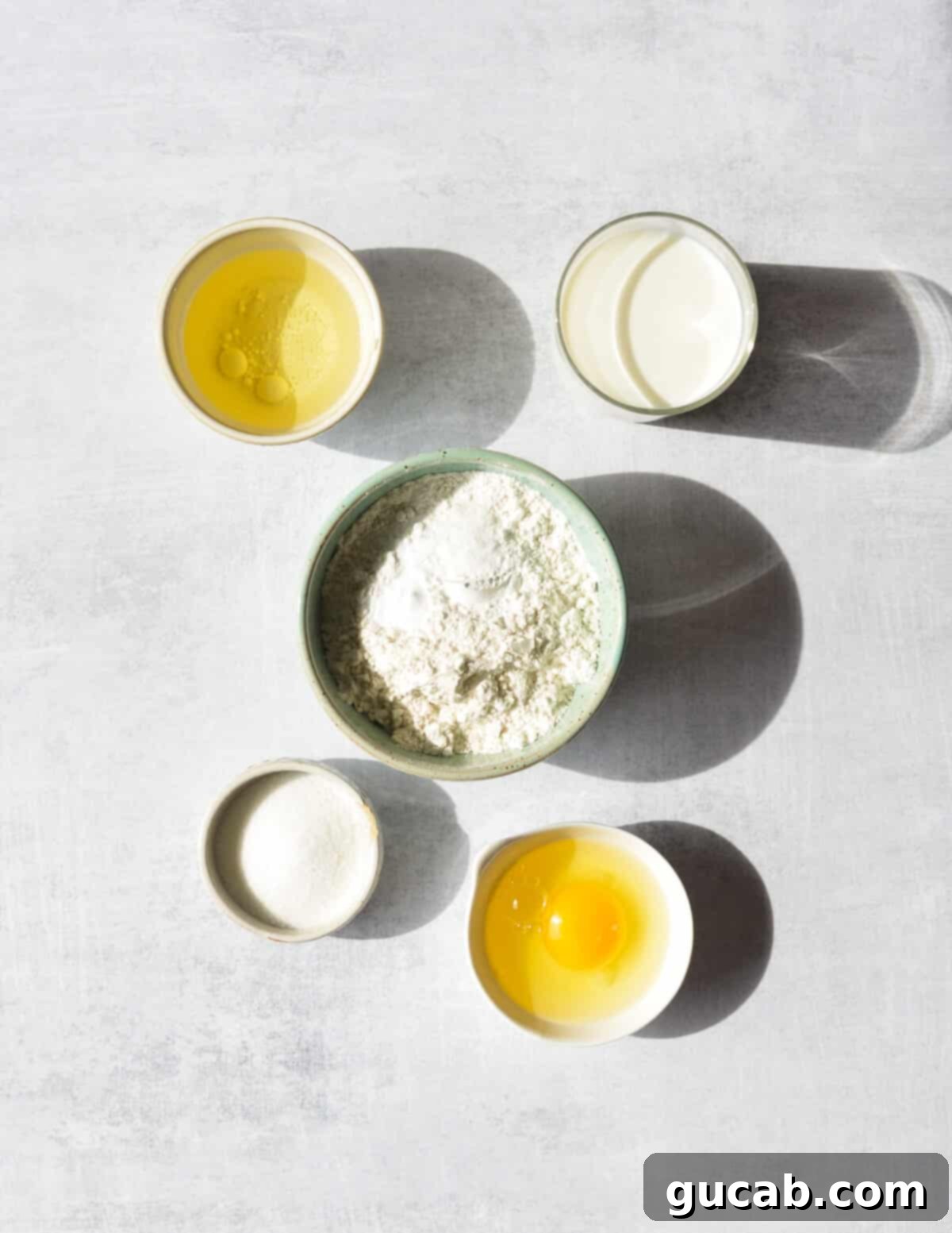 oil, milk, flour, sugar, and egg. 