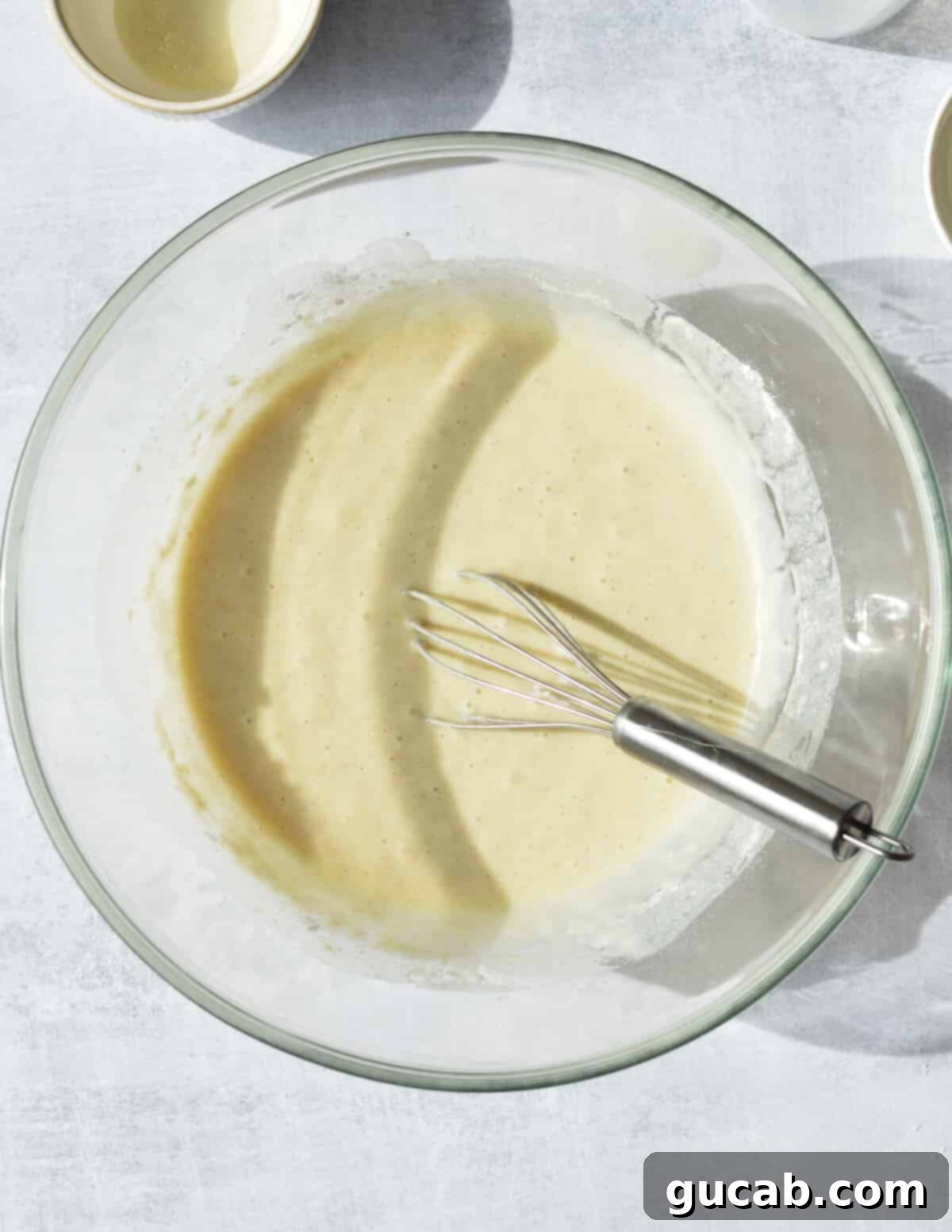 a bowl of pancake batter. 