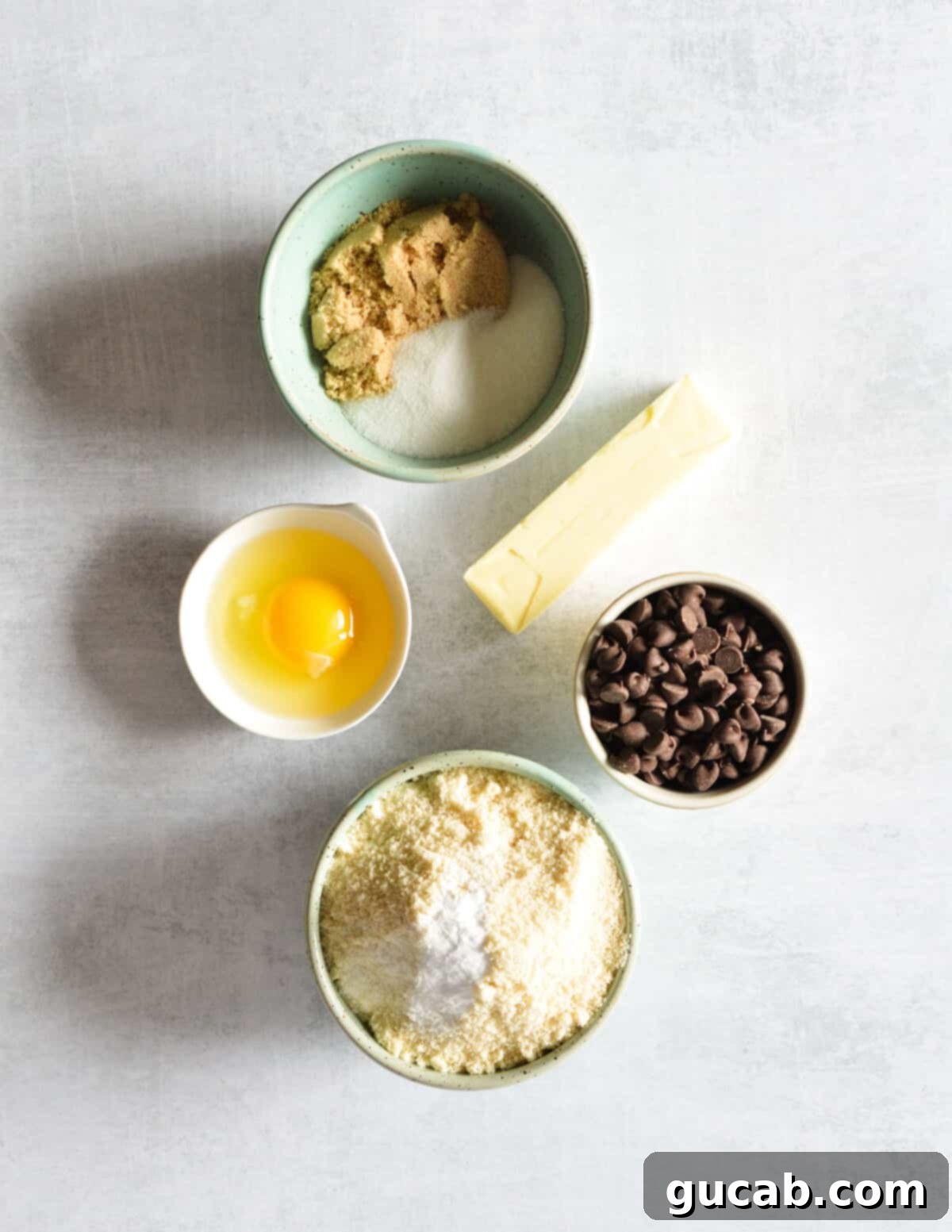 sugar, brown sugar, butter, egg, chocolate chips, almond flour. 