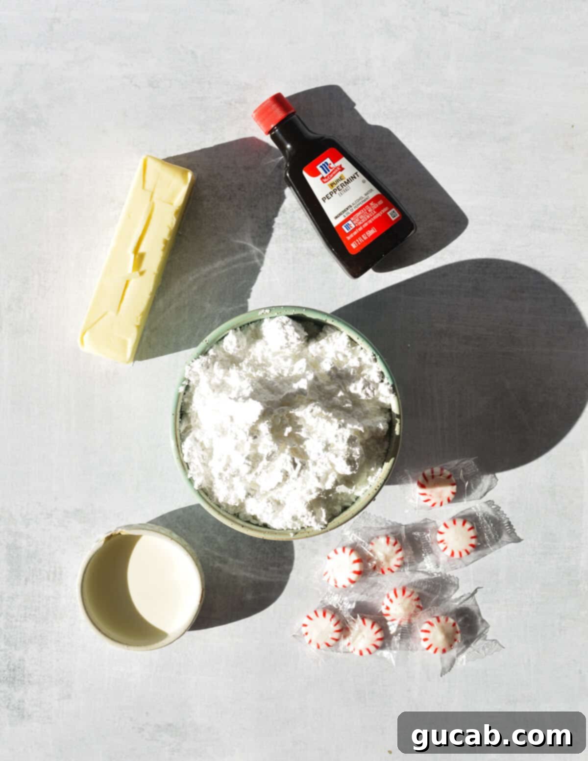 butter, peppermint extract, powdered sugar, heavy cream, peppermint candies.