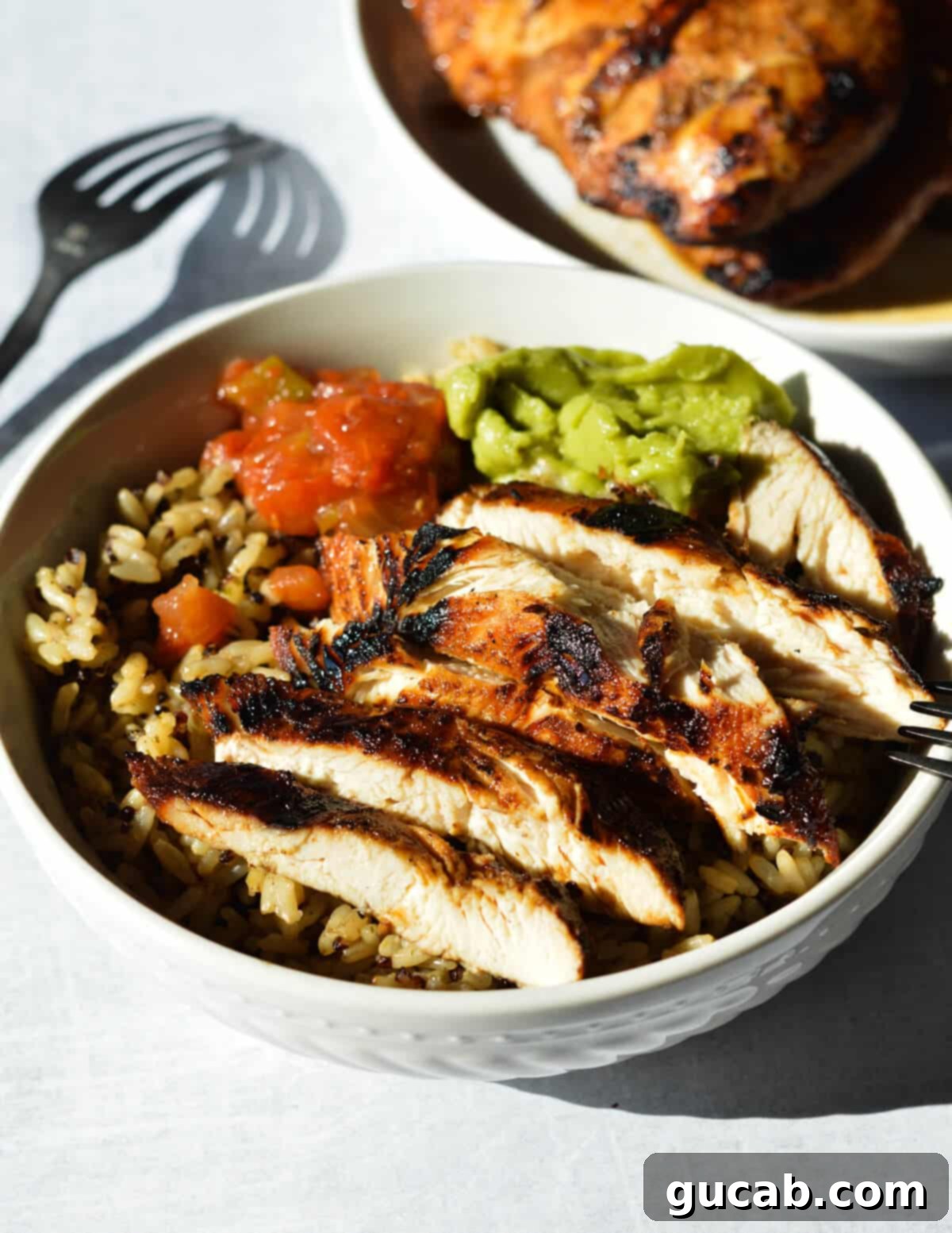 A vibrant and appealing bowl of perfectly sliced grilled chicken, showcasing its beautifully charred edges, generously served alongside fluffy white rice, creamy fresh guacamole, and zesty homemade salsa.
