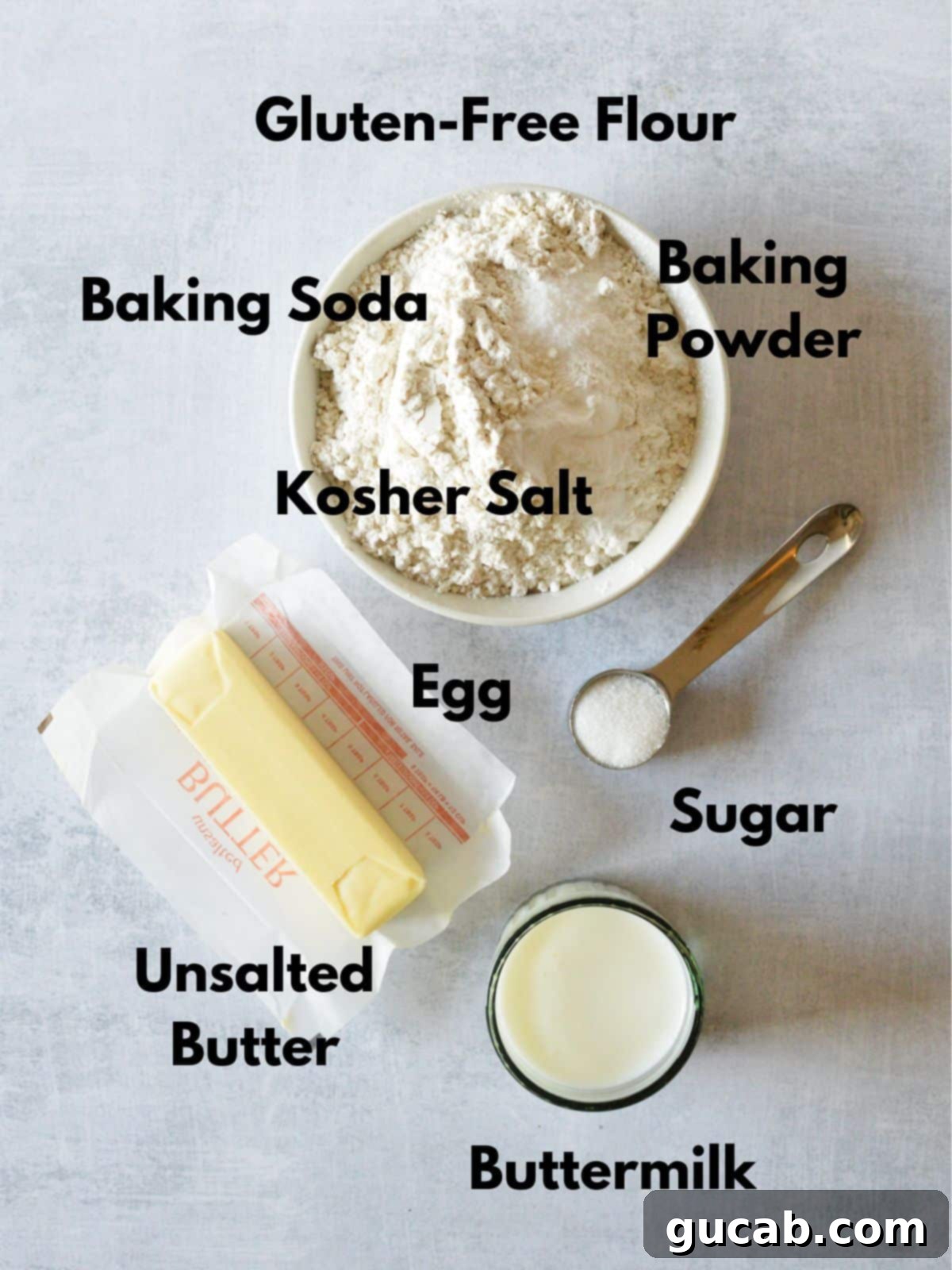 flour, salt, sugar, baking powder, baking soda, butter, buttermilk, and egg. 