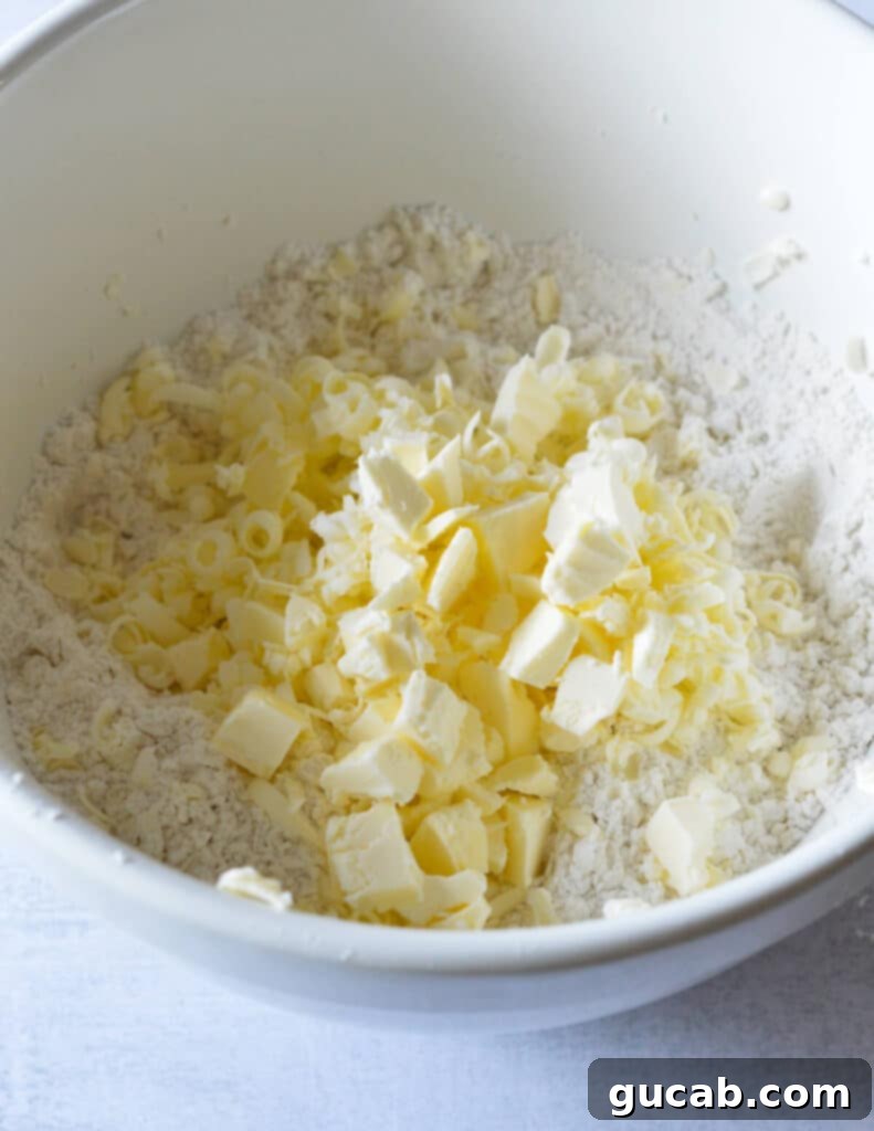 a bowl of flour with butter pieces in it. 