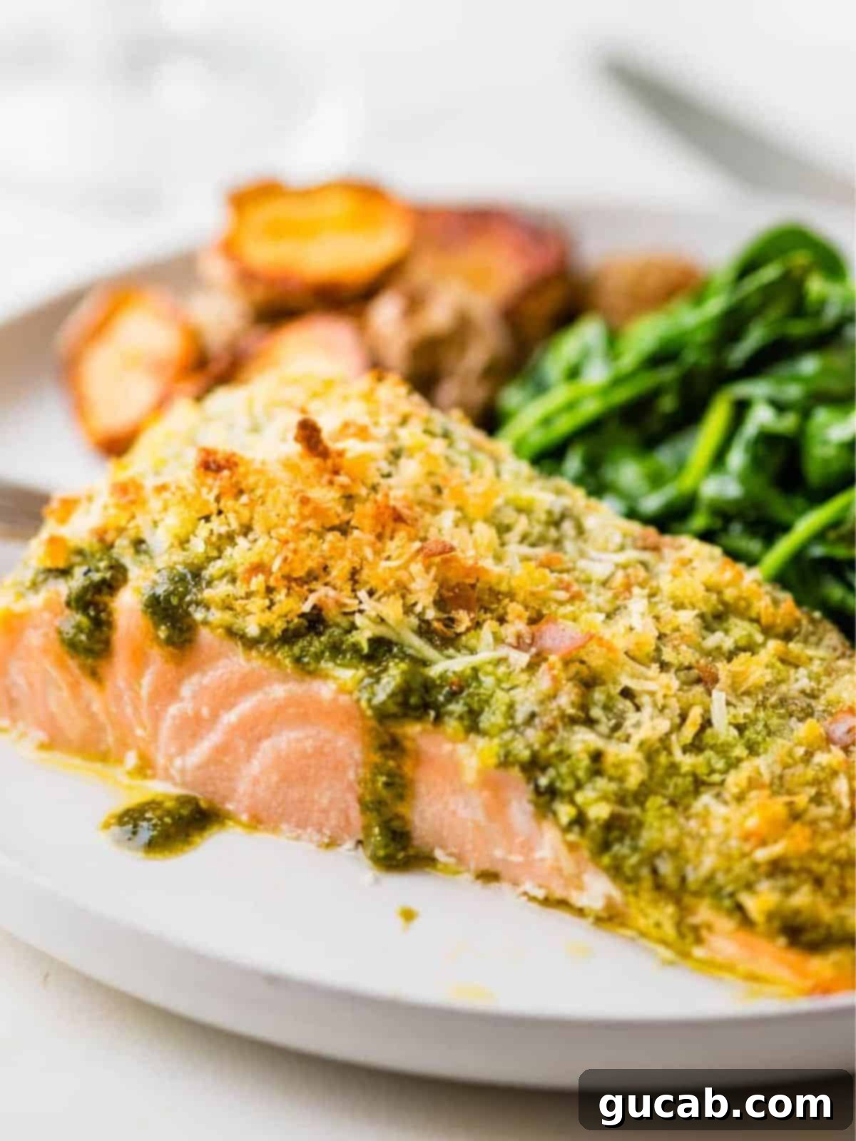 pesto salmon with breadcrumbs. 