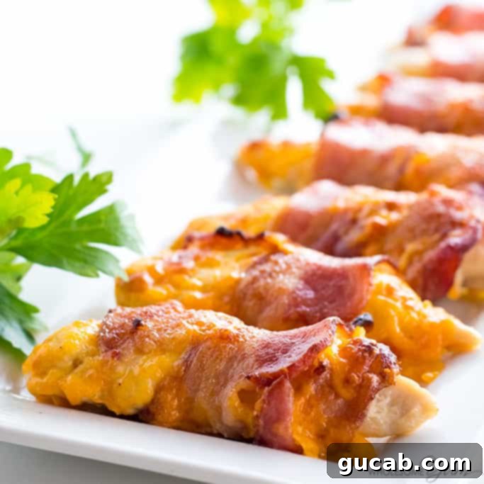 bacon and cheesy chicken tenders on a plate. 