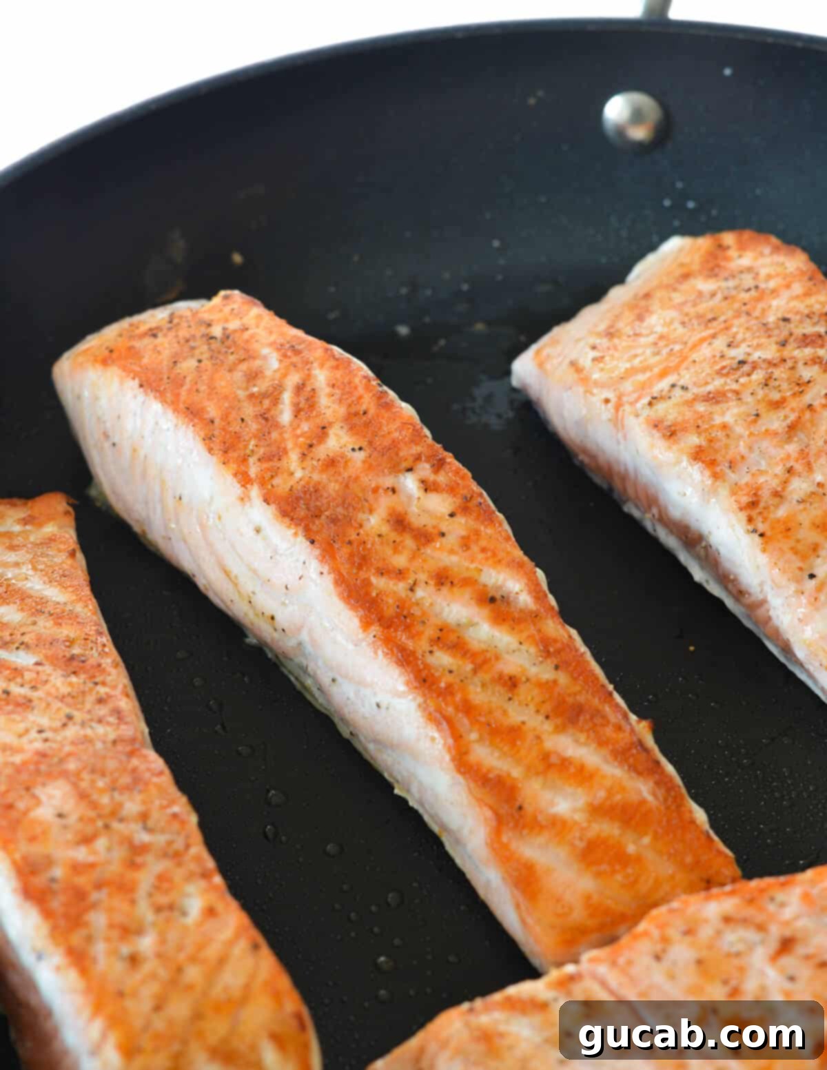 seared salmon fillets in a hot skillet. 