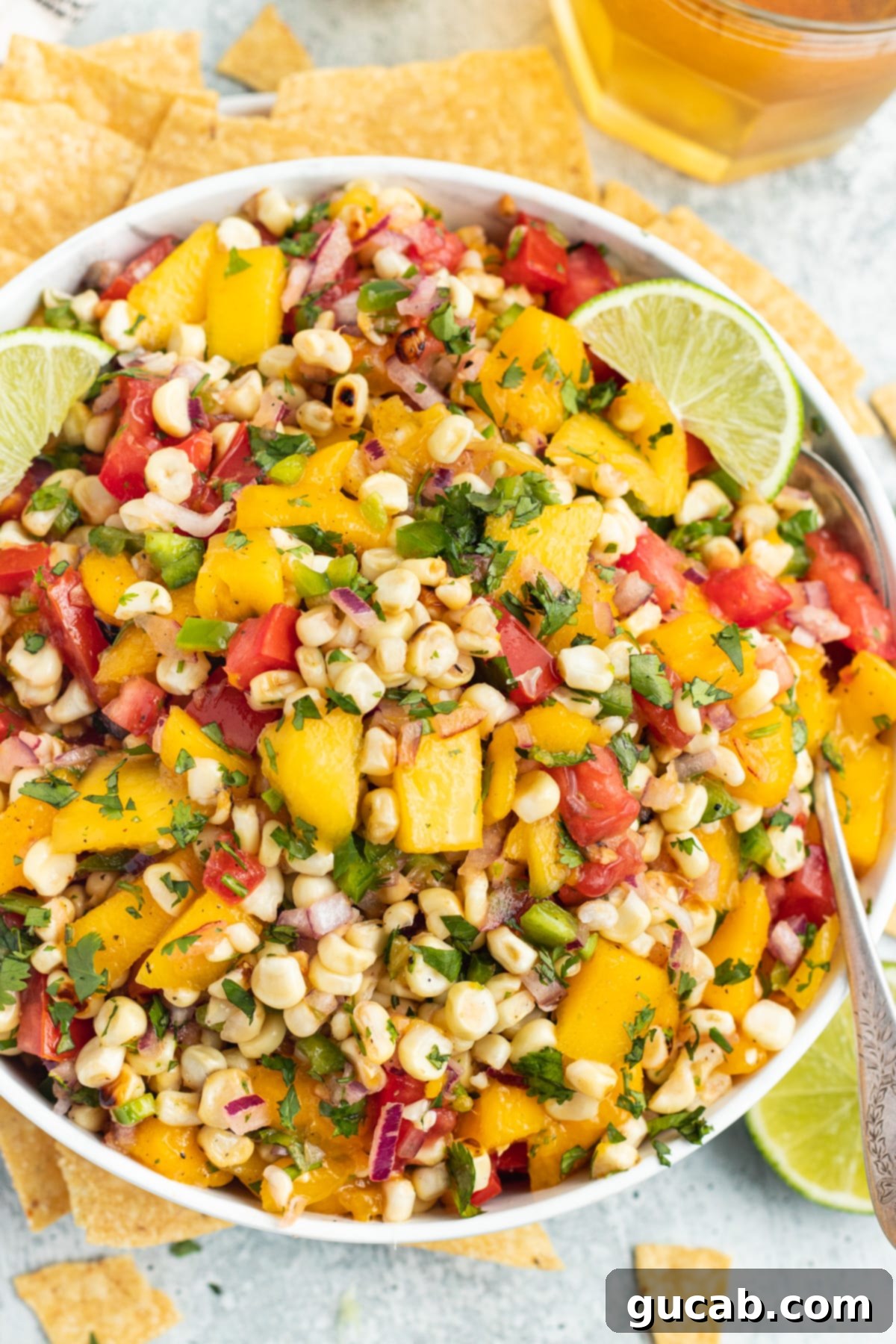 Sun-Kissed Mango Creations 18 A vibrant bowl of fresh mango and grilled corn salsa.