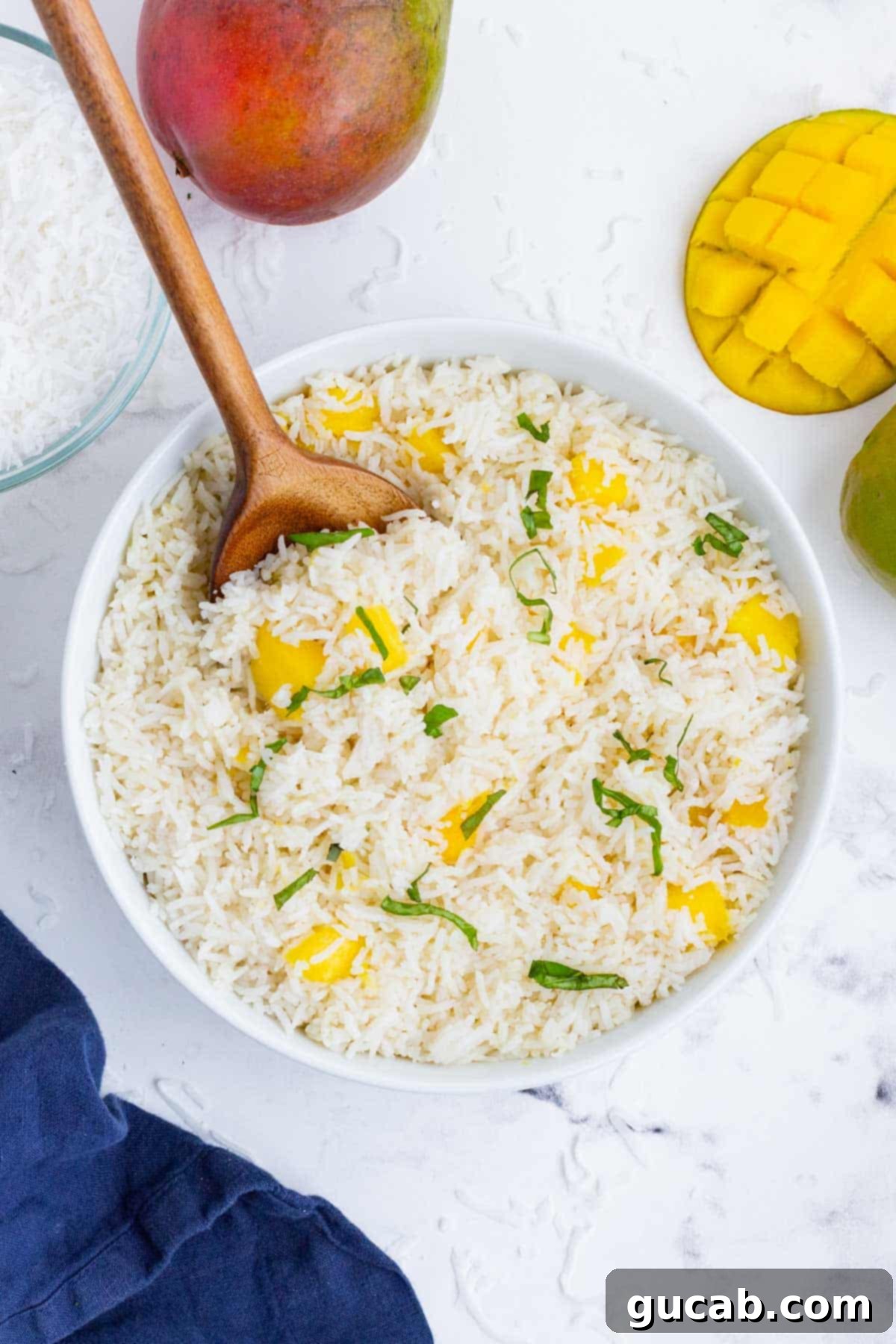 Sun-Kissed Mango Creations 3 A bowl of fluffy white rice with fresh mango chunks and a hint of coconut.