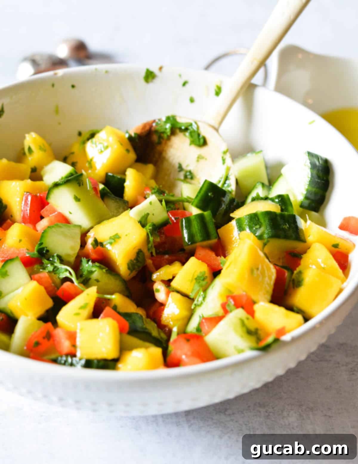 Sun-Kissed Mango Creations 24 A refreshing bowl of vibrant mango cucumber salad with herbs.