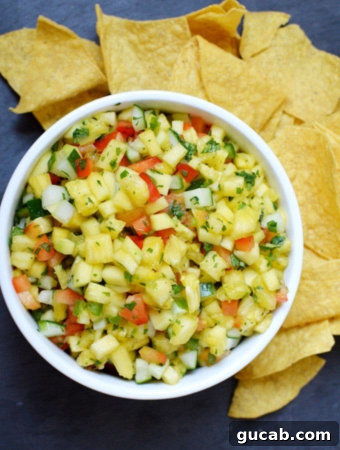 Sun-Kissed Mango Creations 7 Vibrant pineapple mango salsa served with crispy tortilla chips.