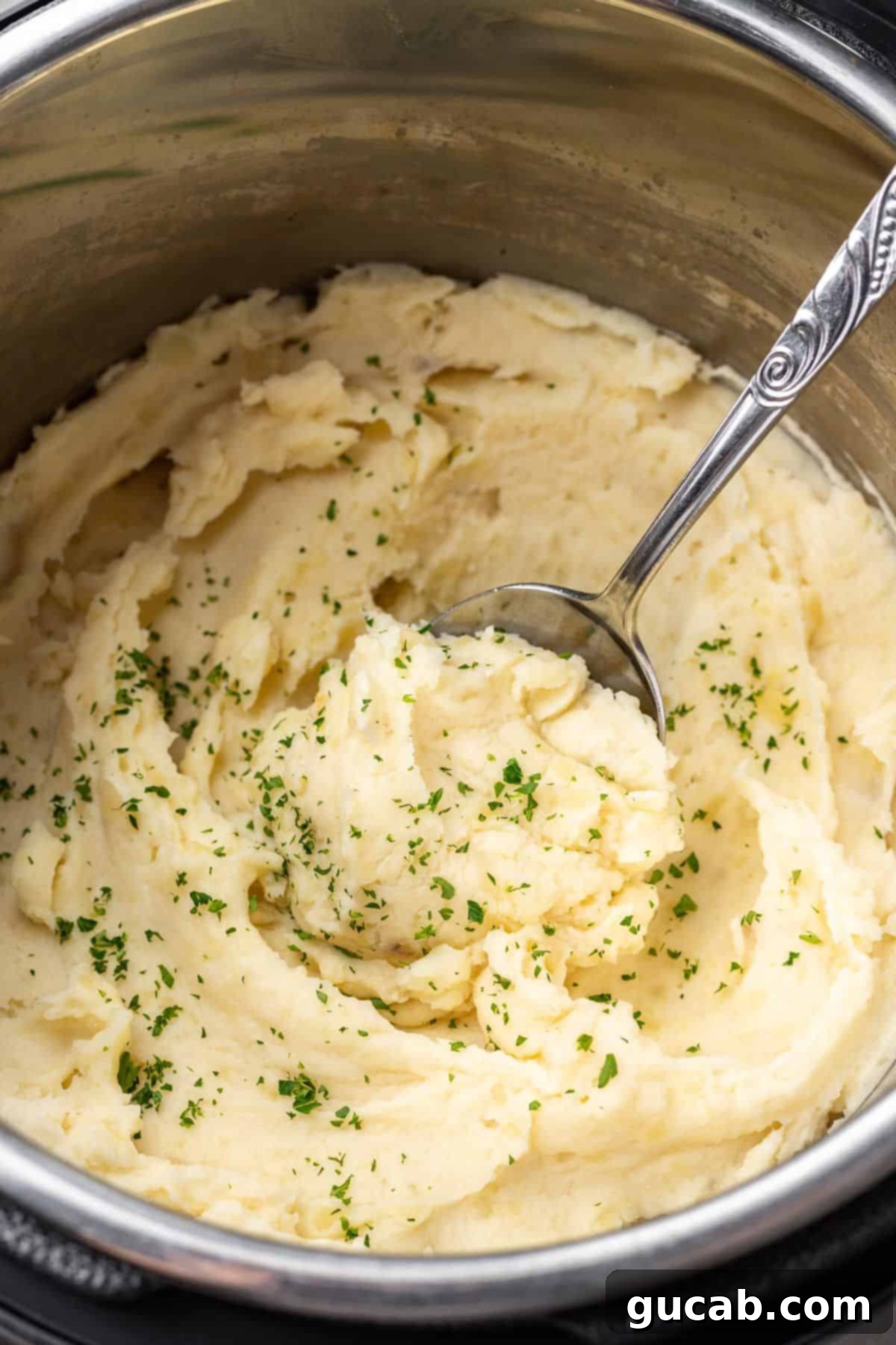 A steaming Instant Pot filled with perfectly creamy mashed potatoes, generously sprinkled with fresh minced parsley, highlighting their delicious simplicity.