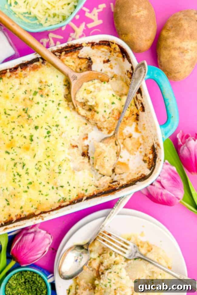 A bubbling casserole dish filled with golden-brown, cheesy scalloped potatoes, fresh from the oven and ready to serve.