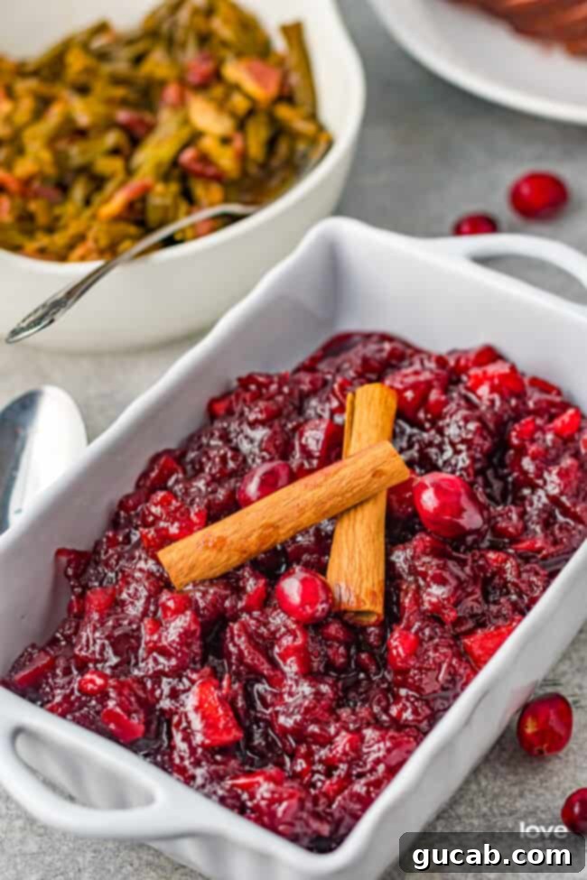 A rustic casserole dish brimming with homemade apple cranberry sauce, its rich red hues glistening, ready to complement any holiday meal.