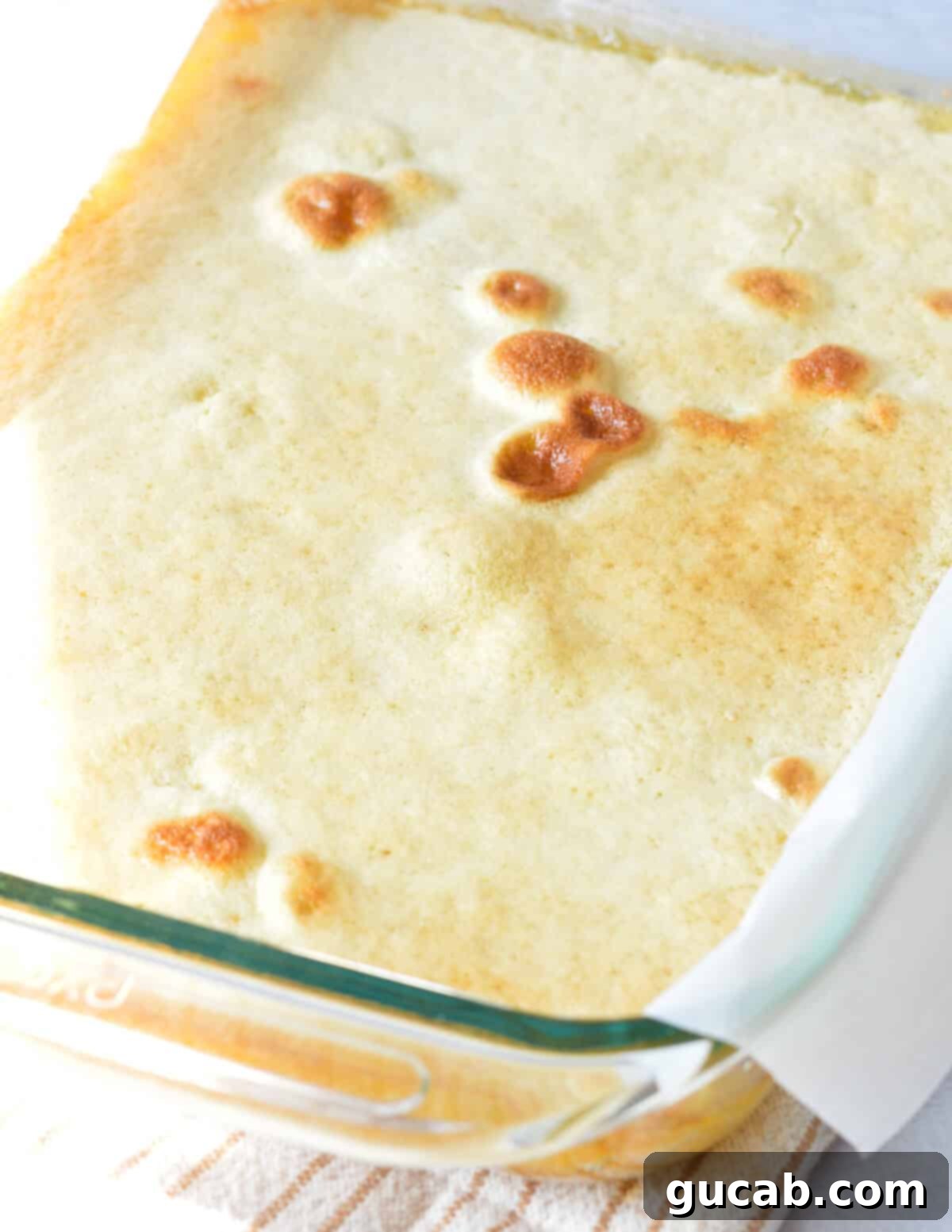 Baked, uncut gluten-free lemon bars cooling in a baking dish, with the lemon filling perfectly set.